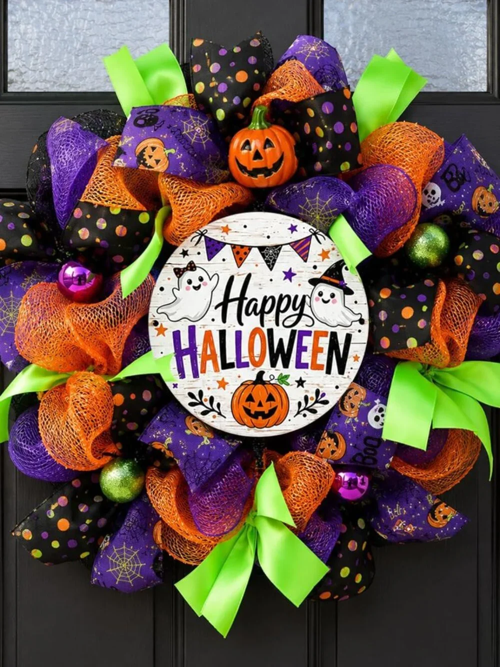Halloween Wreath for Front Door with Happy Halloween Sign